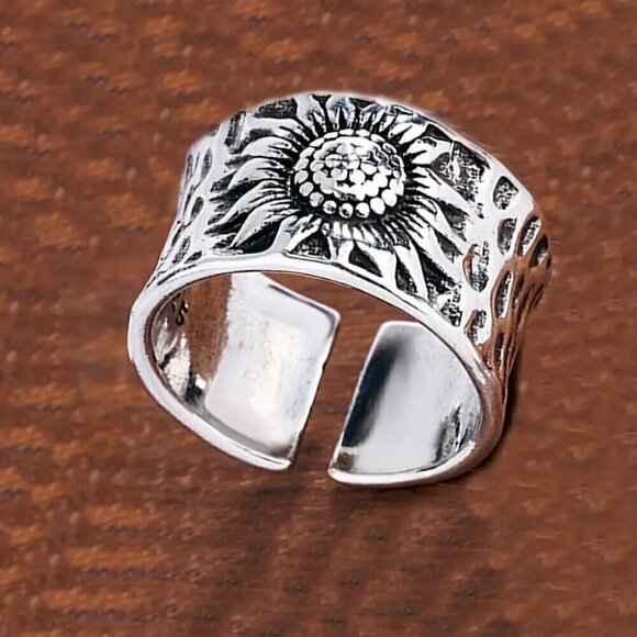 Boho Silver Tone Sunflower Adjustable Band Ring #1334 - Picture 3 of 8